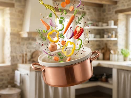 Advertising promo: a floating pot in mid-air with ingredients beautifully falling into it for cooking.